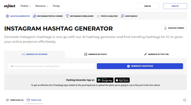 Inflact Hashtag Generator's website