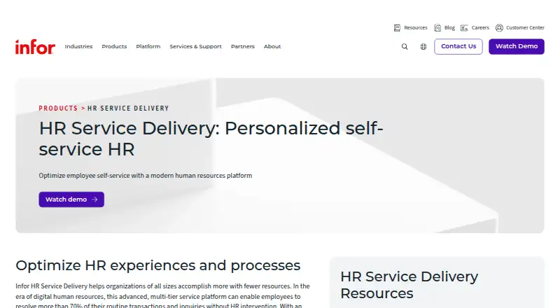 The Infor HR Service Delivery homepage