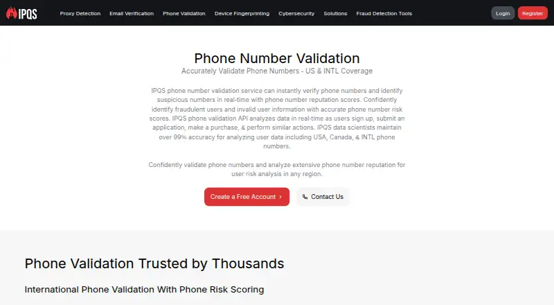 IPQualityScore Phone Validation API's website