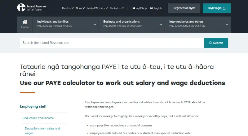 Inland Revenue PAYE Calculator's website