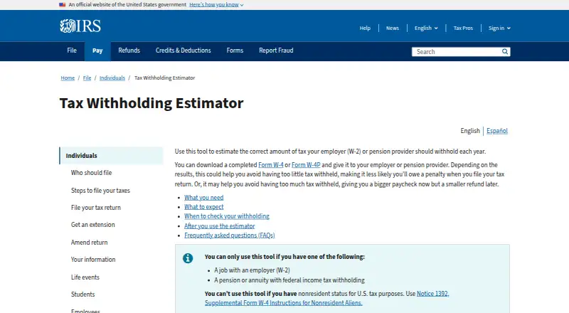 IRS Tax Withholding Estimator's website