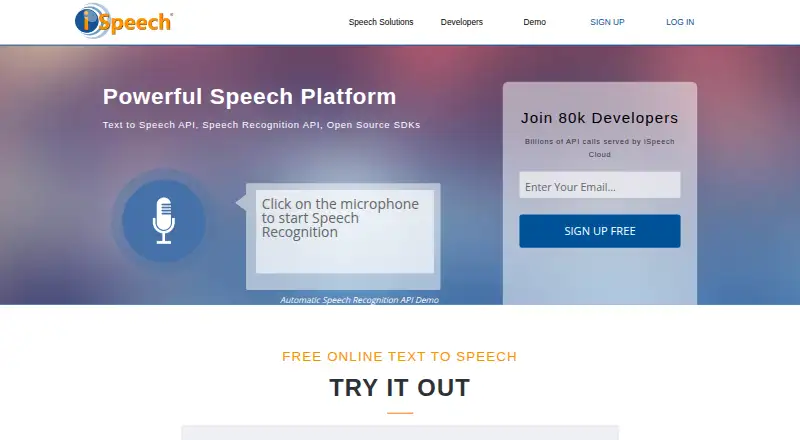 The iSpeech homepage