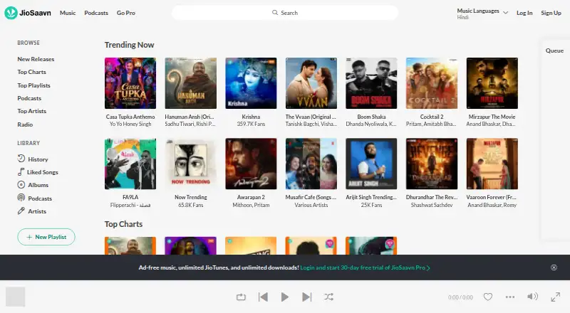 The JioSaavn homepage