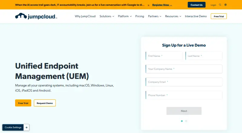 JumpCloud Unified Endpoint Management's website