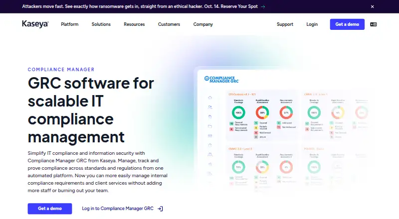 The Kaseya Compliance Manager GRC homepage