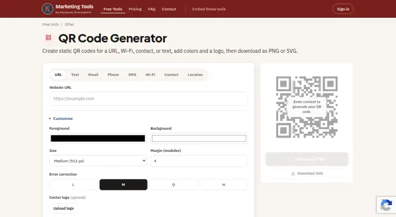 Keywords Everywhere QR Code Generator's website