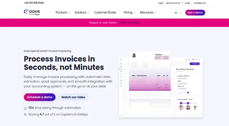 Klippa Invoice Processing (now Doxis SpendControl)'s website