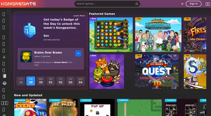 Kongregate's website