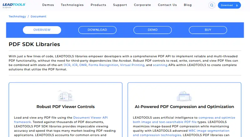 LEADTOOLS PDF SDK's website