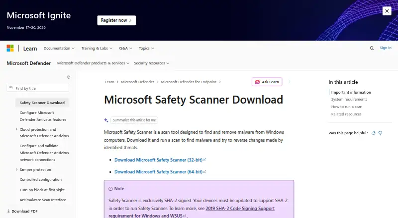 Microsoft Safety Scanner's website