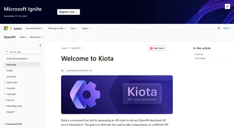 Microsoft Kiota's website