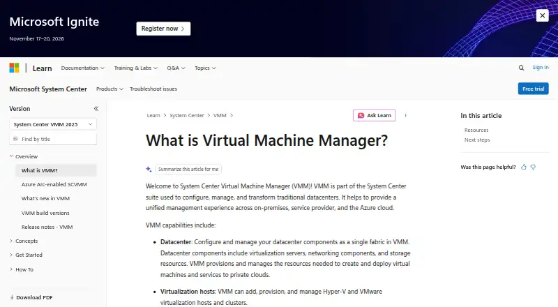 Microsoft System Center Virtual Machine Manager's website