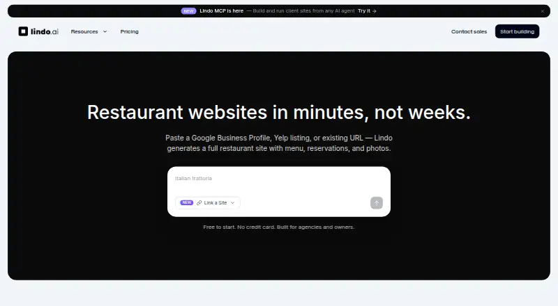 The Lindo.ai Restaurant Website Builder homepage