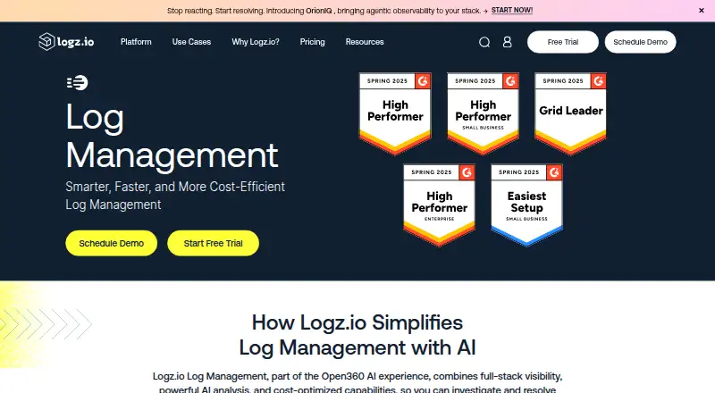 The Logz.io Log Management homepage