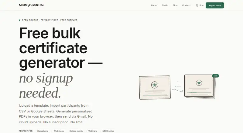 The MailMyCertificate homepage