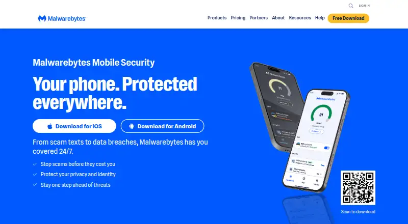 The Malwarebytes Mobile Security homepage