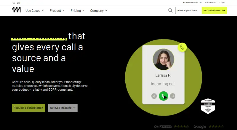 matelso Call Tracking's website