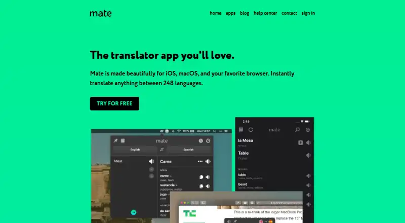 The Mate Translate homepage