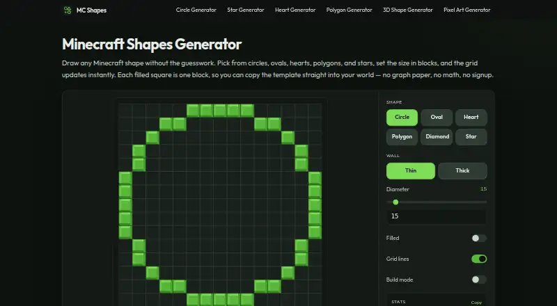 Minecraft Shapes Generator's website