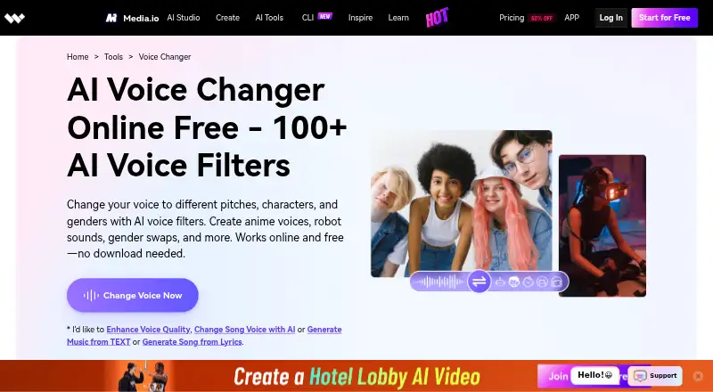 Media.io AI Voice Changer's website