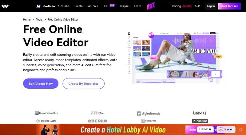 The Media.io Video Editor homepage