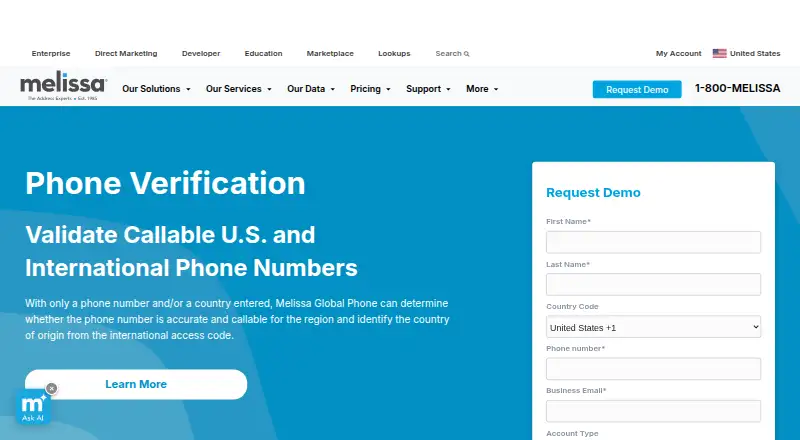 Melissa Global Phone Verification's website
