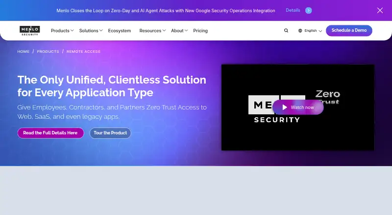 Menlo Secure Application Access's website