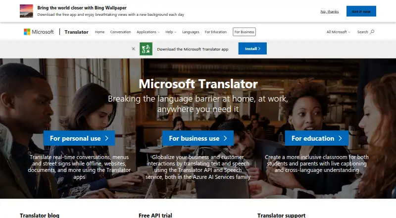 Microsoft Translator's website