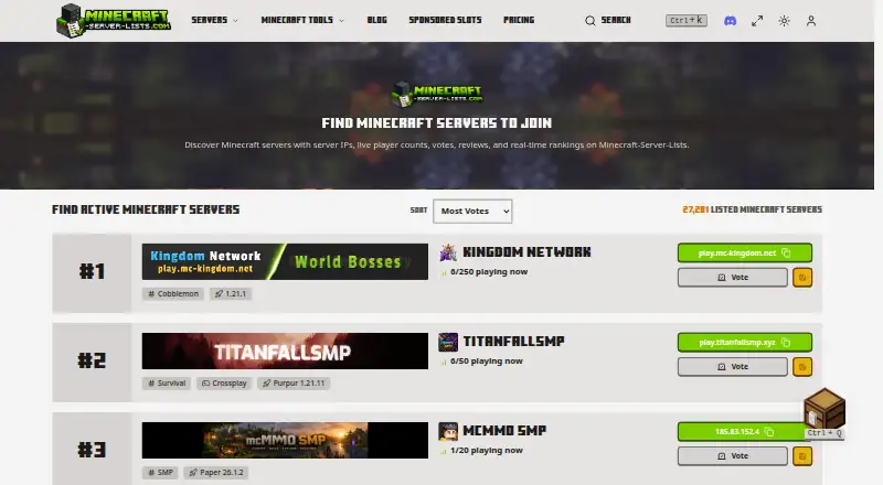 Minecraft-Server-Lists's website
