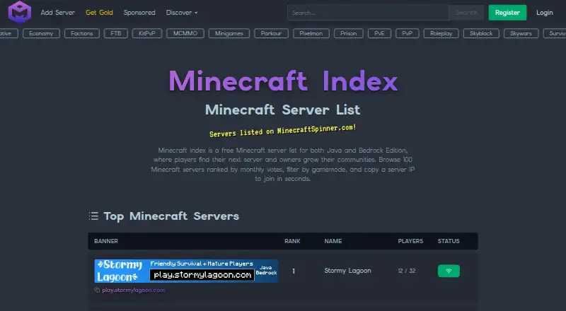 Minecraft Index's website