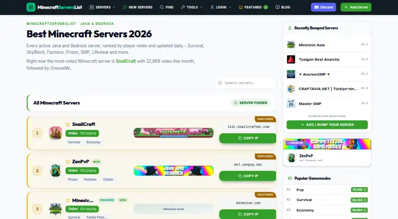 MinecraftServersList's website