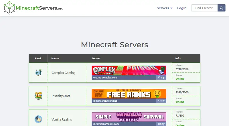 MinecraftServers.org's website