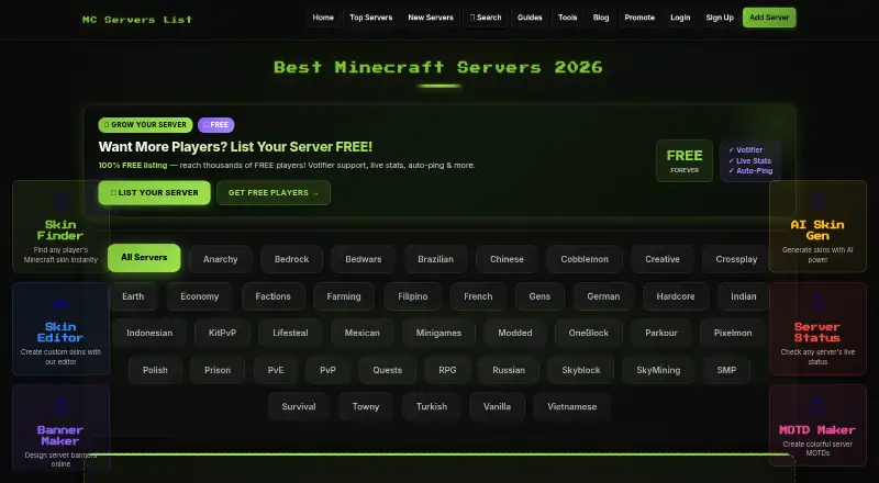 Minecraft Servers List's website