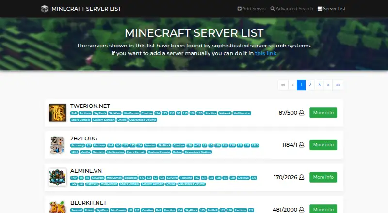 Minecraft Servers List's website