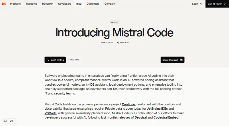 Mistral Code's website
