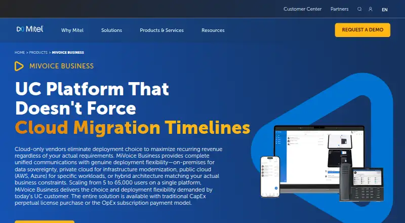 The Mitel MiVoice Business homepage
