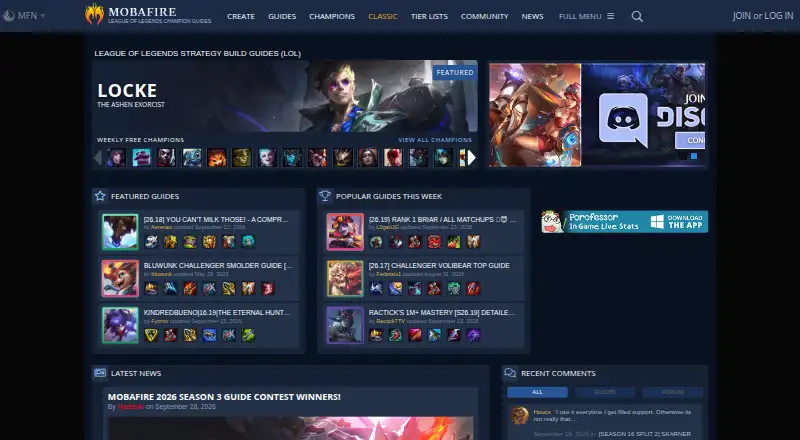 The MOBAFire homepage