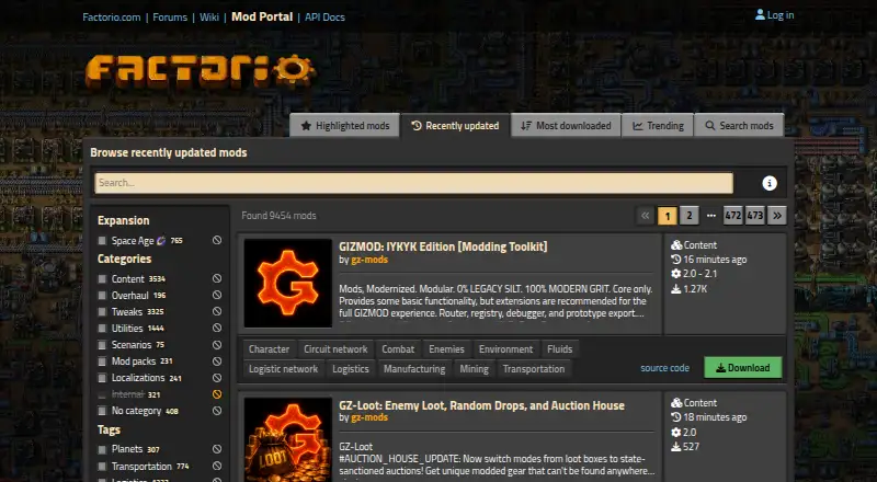 The Factorio Mods homepage