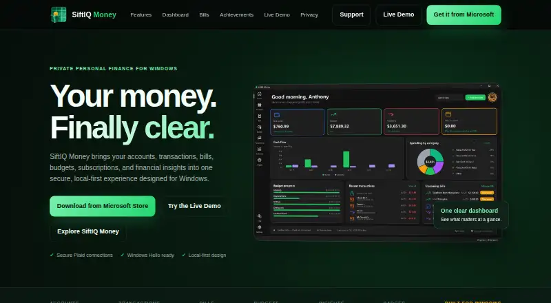 The SiftIQ Money homepage