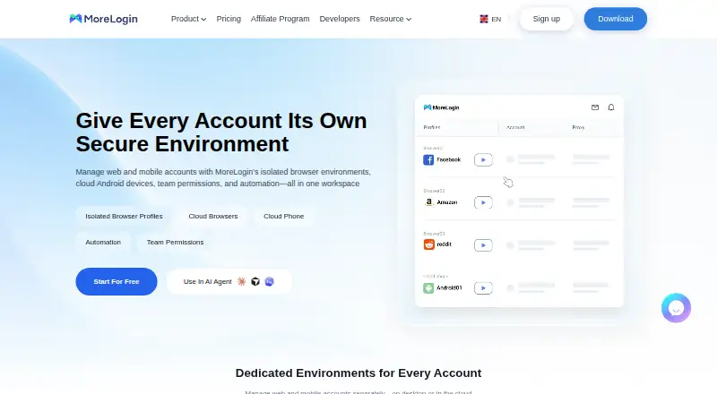 The MoreLogin homepage