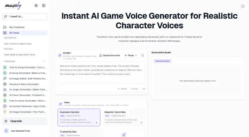 Musely Game Voice Generator's website