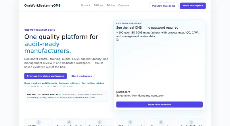 The OneWorkSystem eQMS homepage
