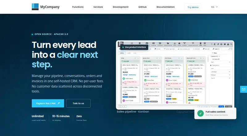 The MyCompany CRM homepage