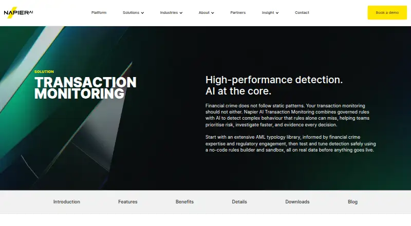 Napier AI Transaction Monitoring's website