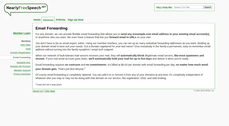 NearlyFreeSpeech.NET Email Forwarding's website