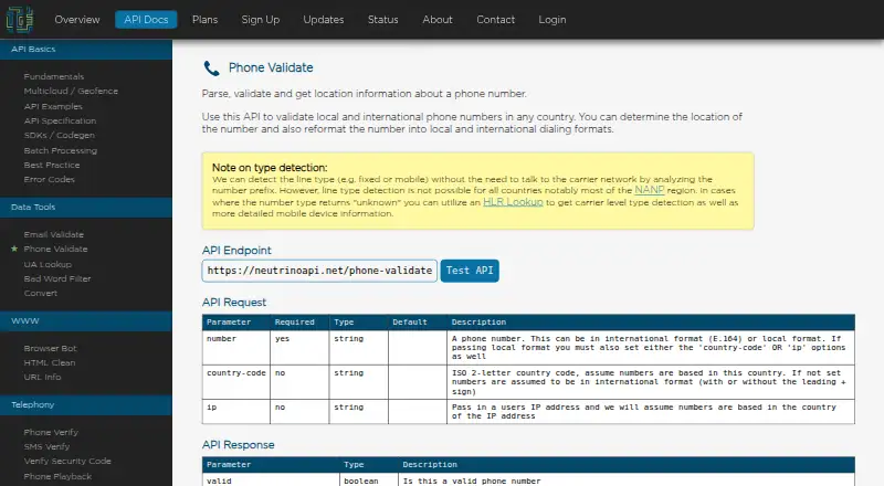Neutrino Phone Validate's website