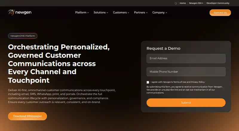 NewgenONE Customer Communication Management's website