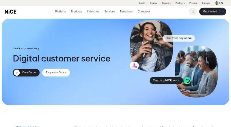 The NiCE AI Chatbot Builder homepage