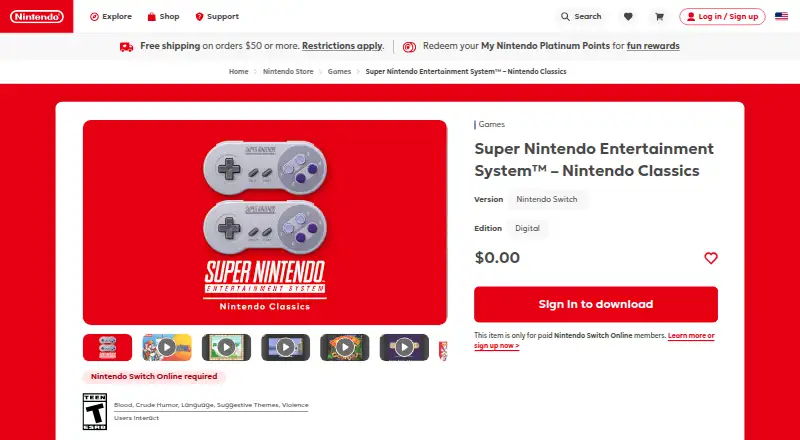 Super Nintendo Entertainment System – Nintendo Classics's website