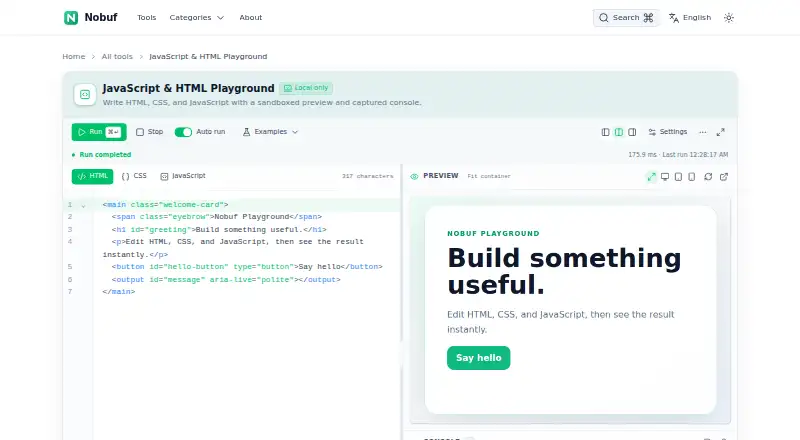 Nobuf JavaScript Playground's website